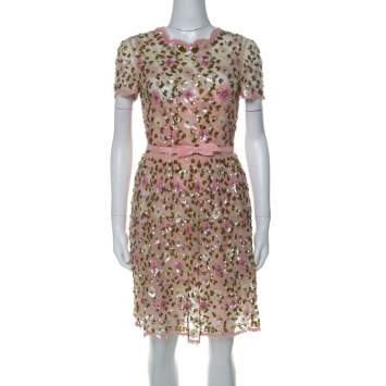 Pre Owned Valentino Pink Floral Embellished Tulle Belted Dress S