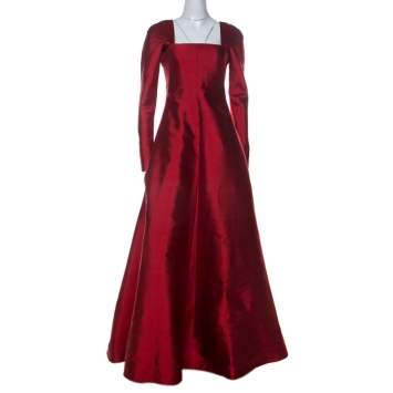 Pre Owned Valentino Boutique Vintage Red Raw Silk Long Sleeve Gown M
