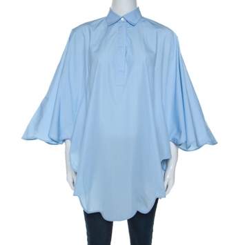 Pre Owned Valentino Light Blue Cotton Scalloped Hem Shirt M