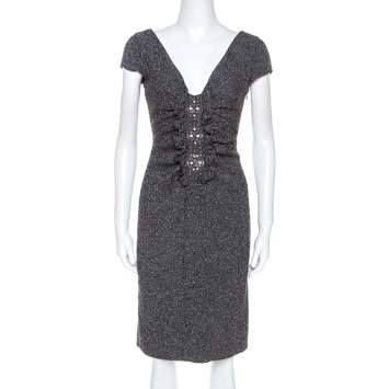 Pre Owned Valentino Grey Boucle Knit Wool Blend Embellshed Detail Dress M