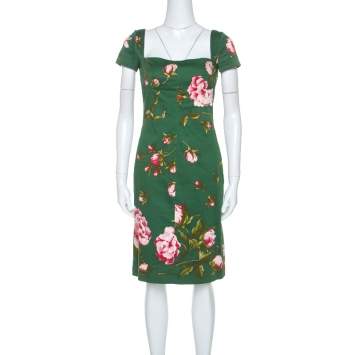 Pre Owned Valentino Green Floral Print Cotton Button Detail Short Dress M