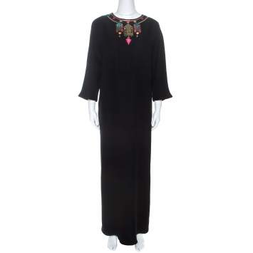 Pre Owned Valentino Black Crepe Embroidered Detail Maxi Dress L