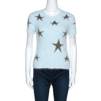 Pre Owned Valentino Light Blue Angora Wool Short Sleeve Star Intarsia Jumper S