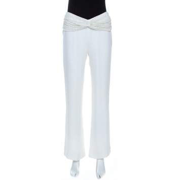 Pre Owned Valentino Off White Crepe Sequined Waist Band Detail Pants M