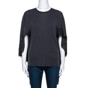 Pre Owned Valentino Grey Wool Knit Lace Trim Caped Sweater M