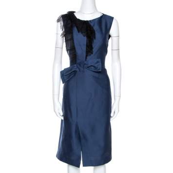 Pre Owned Valentino Navy Blue Lace Trim Ruffled Sheath Dress M