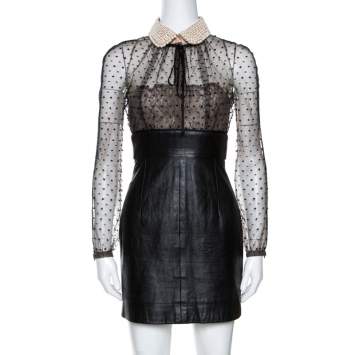 Pre Owned Valentino Black Leather Skirt Embellished Collar Detail Dress S