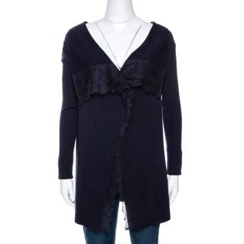 Pre Owned Valentino Navy Blue Knit Lace Trim Waterfall Front Cardigan M