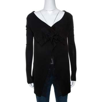 م�ملوكة مسبقًا Valentino Black Knit Lace Trim Waterfall Front Cardigan M