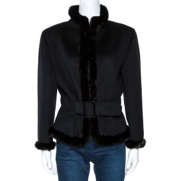 Pre Owned Valentino Black Felt Wool Fur Trim Belted Jacket XL