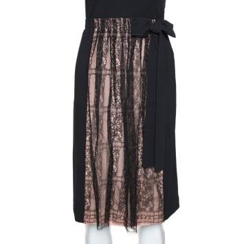 Pre Owned Valentino Black Crepe and Lace Insert Midi Skirt M