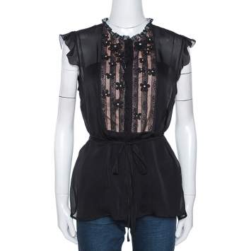 Pre Owned Valentino Black Silk Floral Embellished Lace Trim Blouse L