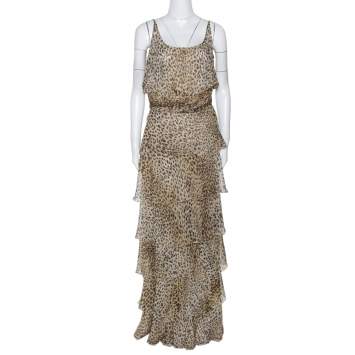 Pre Owned Valentino Boutique Vintage Beige Animal Print Tiered Maxi Dress L