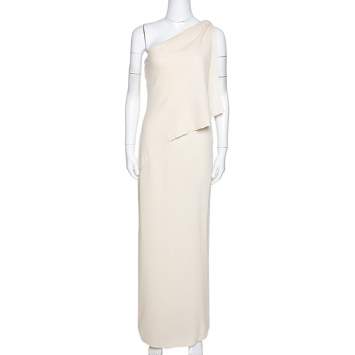 Pre Owned Valentino Boutique Cream Crepe Draped One Shoulder Dress M
