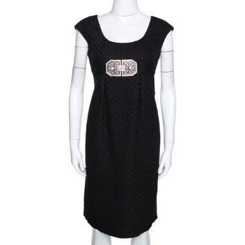 Pre Owned Valentino Black Textured Wool Bejewelled Sheath Dress M