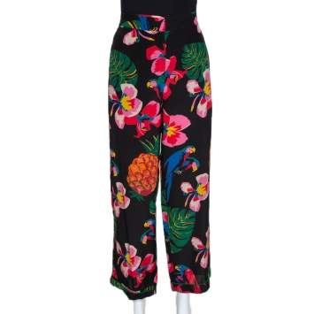 Pre Owned Valentino Multicolor Silk Tropical Print Wide Leg Pants S