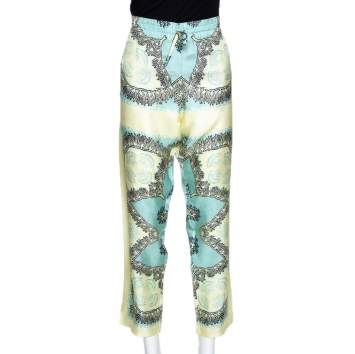 Pre Owned Valentino Turquoise and Yellow Printed Silk Pajama Pants L