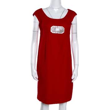 Pre Owned Valentino Red Textured Wool Bejewelled Sheath Dress M