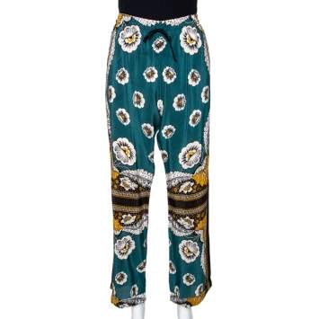 Pre Owned Valentino Green Floral Printed Silk Elasticised Waist Pants M 