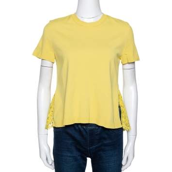 Pre Owned Valentino Yellow Knit & Lace Short Sleeve Top M 