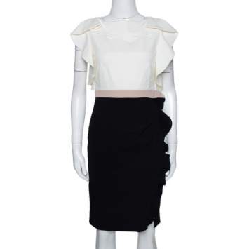 Pre Owned Valentino Colorblock Stretch Crepe Ruffled Fitted Dress M