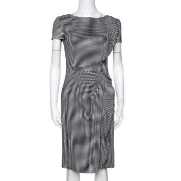 Pre Owned Valentino Black Houndstooth Print Wool Ruffle Trim Midi Dress S