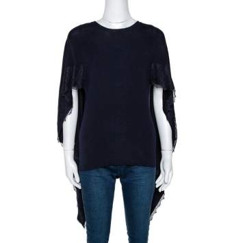 Pre Owned Valentino Black Wool Lace Trim Cape Top M