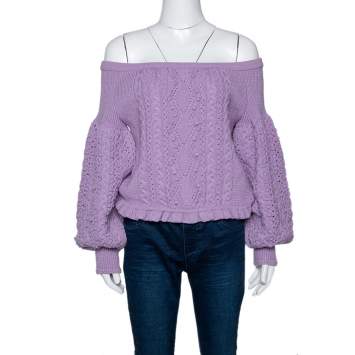 Pre Owned Valentino Lilac Wool Aran Knit Off Shoulder Sweater L