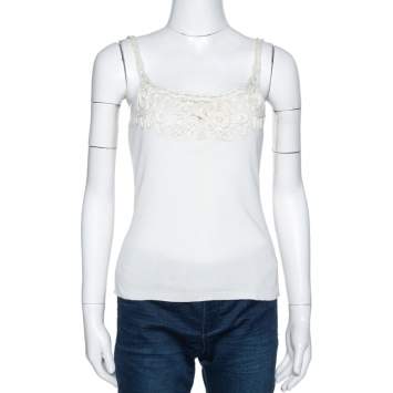 Pre Owned Valentino Off White Cotton Sequined Lace Trim Tank Top M