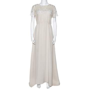 Pre Owned Valentino Beige Silk Floral Beaded Lace Yoke Gown L