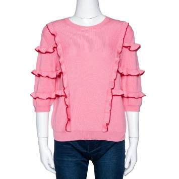 Pre Owned Valentino Pink Cotton Knit Ruffle Trim Sweater M 