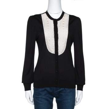 Pre Owned Valentino Black Silk Wool Blend Embellished Yoke Cardigan L