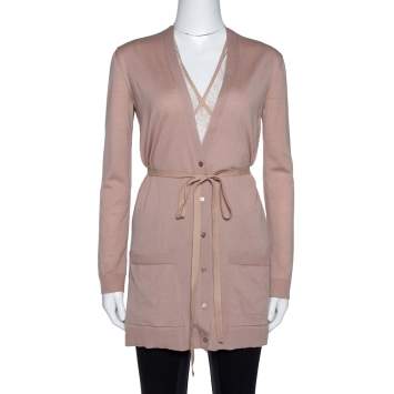 Pre Owned Valentino Blush Pink Wool & Lace Belted Cardigan XS