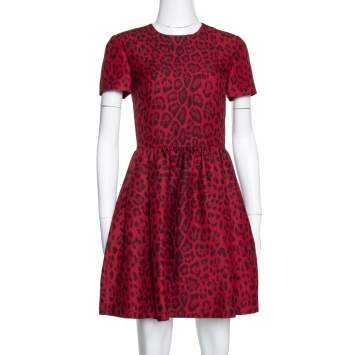 Pre Owned Valentino Red Wool & Silk Blend Leopard Print Short Dress S