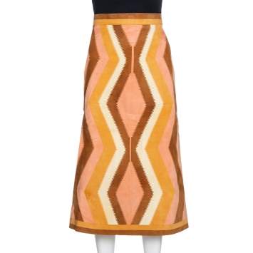 Pre Owned Valentino Peach Suede Patchwork Midi Skirt S