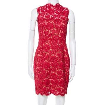 Pre Owned Valentino Red Lace Bow Detail Sleeveless Sheath Dress M
