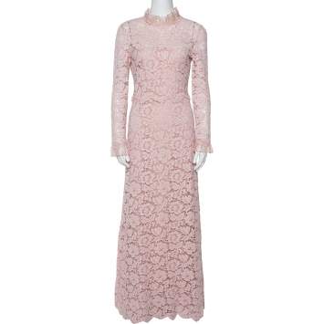Pre Owned Valentino Light Pink Floral Lace Long Sleeve Gown M 