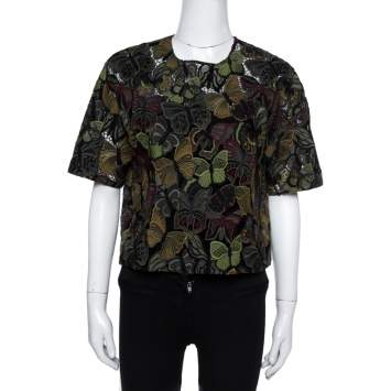 Pre Owned Valentino Green Butterfly Patterned Cotton Lace Cropped Top S