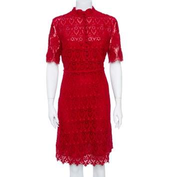 Pre Owned Valentino Red Lace Button Front Sheath Dress M