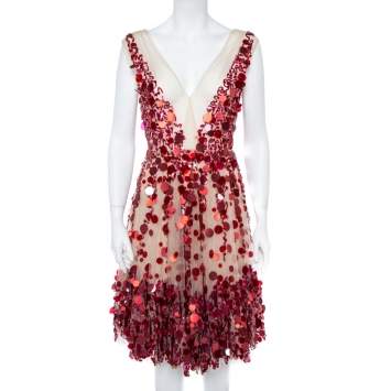 Pre Owned Valentino Cream & Red Paillette Embellished Tulle Dress M