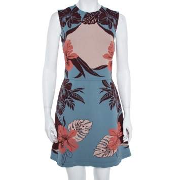 Pre Owned Valentino Slate Blue Floral Jacquard Sleeveless Dress M