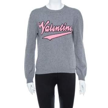 مملوكة مسبقًا Valentino Grey Cashmere Blend Logo Intarsia Crewneck Sweater M