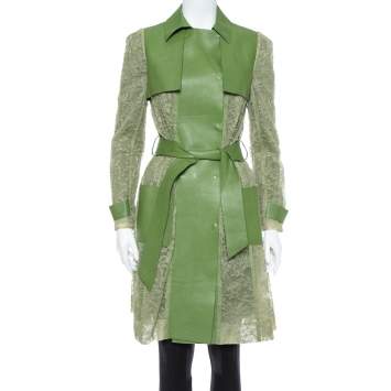 Pre Owned Valentino Green Leather & Lace Belted Trench Coat M