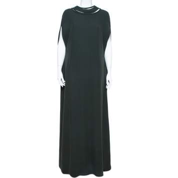 Pre Owned Valentino Dark Green Crepe Corded Neckline Caped Maxi Dress L