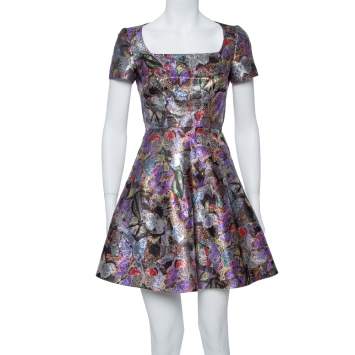 Pre Owned Valentino Multicolor Metallic Lurex Jacquard Butterfly Pattern A Line Dress M