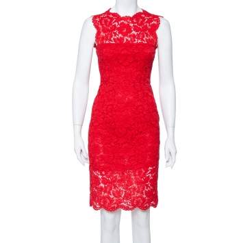 Pre Owned Valentino Red Floral Lace Sleeveless Sheath Dress S
