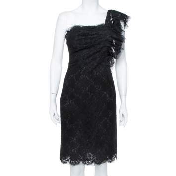 Pre Owned Valentino Black Lace Ruffle One Shoulder Short Dress M