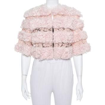 Pre Owned Valentino Light Pink Fur & Lace Roundneck Cropped Jacket S