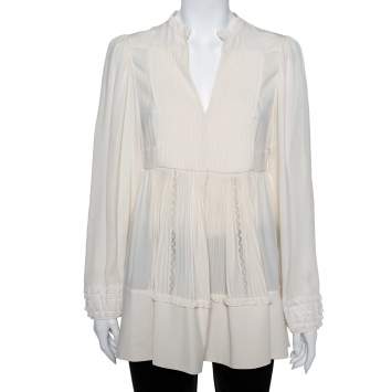 Pre Owned Valentino Cream Silk & Lace Pintuck Detail Tunic M