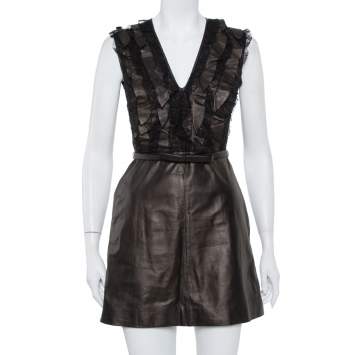 Pre Owned Valentino Brown Leather & Lace Ruffle Detail Belted Short Dress S
